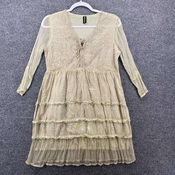Sacred Threads Dress Womens M Silk Cotton Babydoll Tiered Boho Western Hippie - Picture 1 of 12